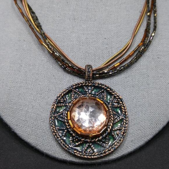 Chico's Seed Bead Rhinestone Pendant Enamel Necklace, Snake Chain, 20 Inches - Picture 2 of 11